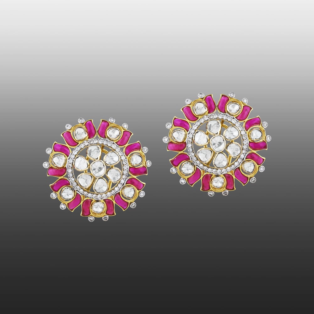 Lotus-Inspired Polki Earrings with Pink and Green Talaf